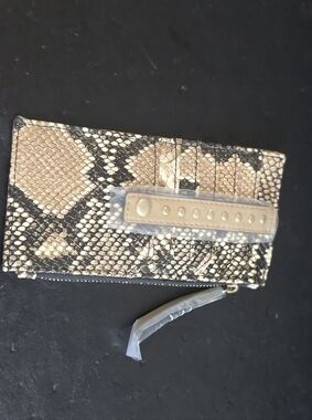 3/$20 Snake-Print Leather Card Holder Wallet in Tan & Black